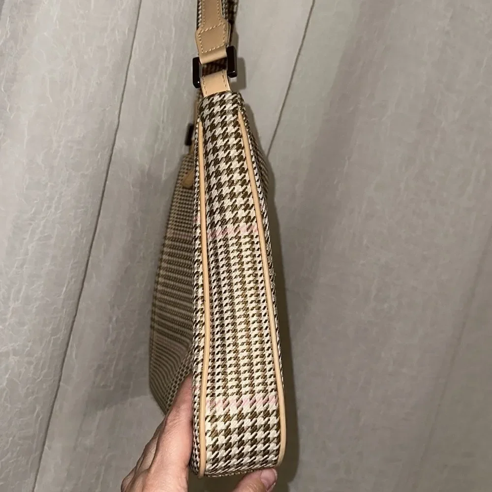 LRL Ivory Tan White Pink Gold Houndstooth Leather Silver Tone Hardware Hobo Bag